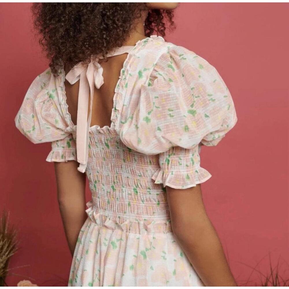 SISTER JANE Puff Short Sleeve Shirred Floral Long Dress Blush Floral Size Small - Picture 6 of 9